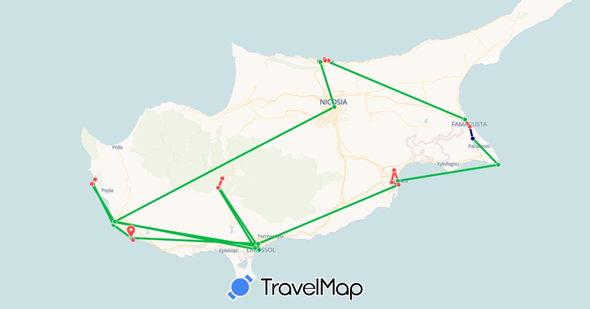 TravelMap itinerary: driving, bus, hiking in Cyprus (Asia)